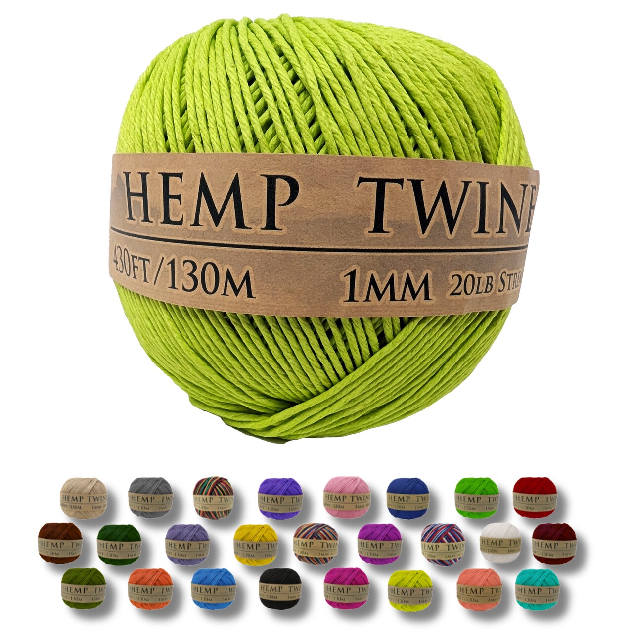 Hemptopia, Hemp Twine Ball, 430ft, 20lb test strength, Multiple colors, All Natural